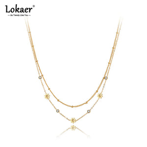 316L Stainless Steel CZ Crystal Charm Necklaces Bohemia Double Layer Small Daisy