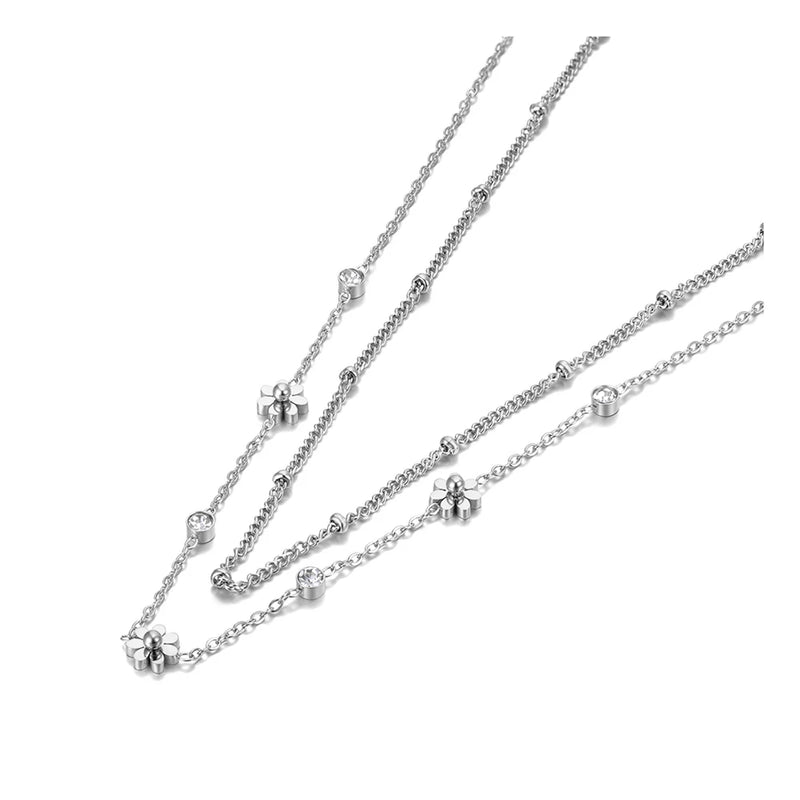 316L Stainless Steel CZ Crystal Charm Necklaces Bohemia Double Layer Small Daisy