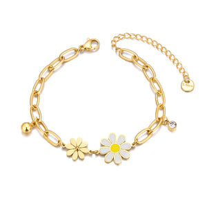 316L Stainless Steel Flower Charm Bracelet Cz Crystal 18K Plated Chain