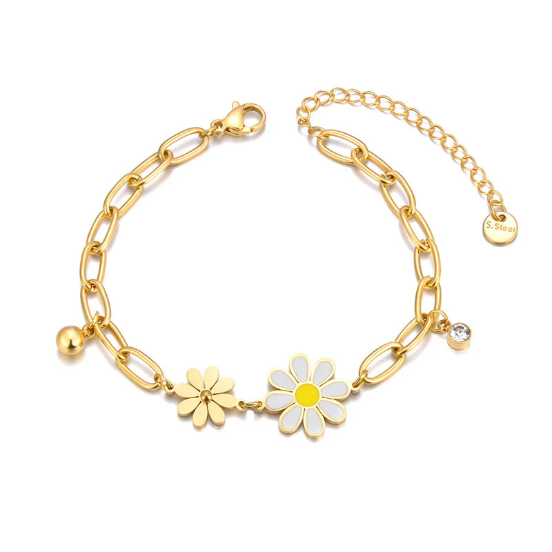 316L Stainless Steel Flower Charm Bracelet Cz Crystal 18K Plated Chain