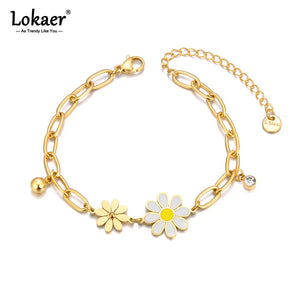 316L Stainless Steel Flower Charm Bracelet Cz Crystal 18K Plated Chain