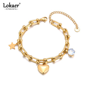 316L Stainless Steel Cz Crystal Heart Charm Bracelet For Women