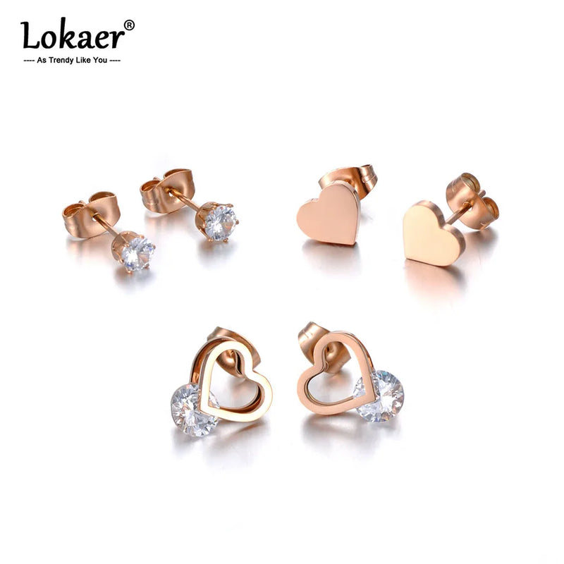 Stainless Steel CZ Crystal & LOVE Heart Earrings Set