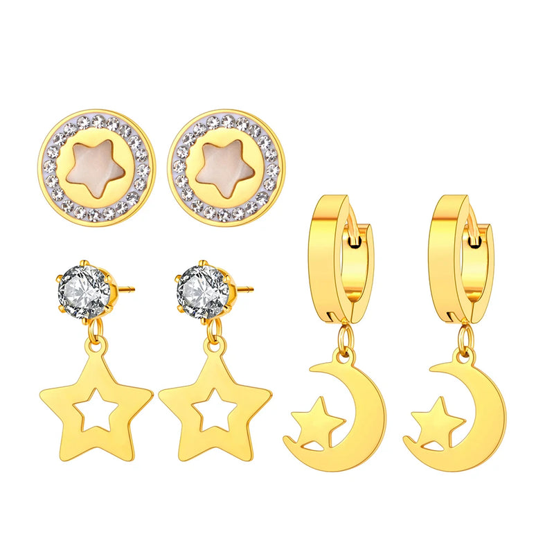 Stainless Steel Star Moon Crystal Earrings Set