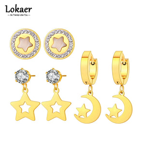 Stainless Steel Star Moon Crystal Earrings Set