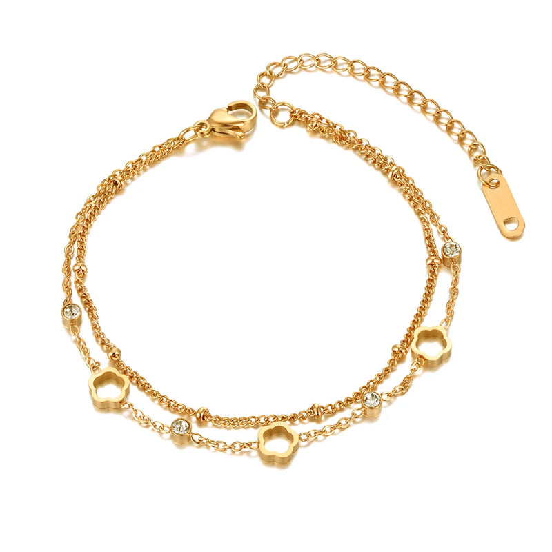 Bohemia Stainless Steel Charm Bracelets CZ Crystal Flower Chain