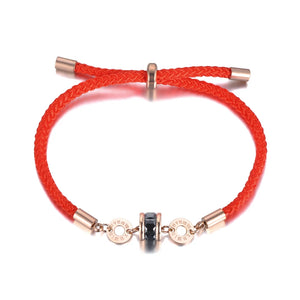 Stainless Steel & CZ Roman Number Charm Bracelet Red Rope B19010
