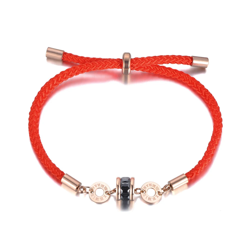 Stainless Steel & CZ Roman Number Charm Bracelet Red Rope B19010