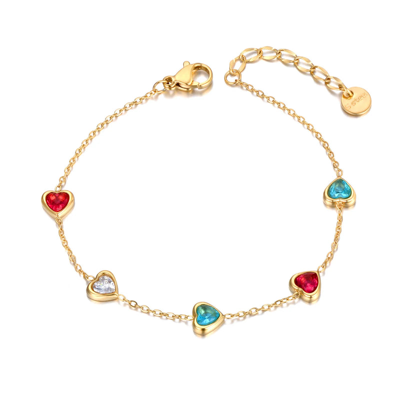 Colorful CZ Crystal Heart Charm Bracelet 18K Plated Women Party Chain B22086