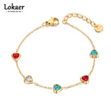 Colorful CZ Crystal Heart Charm Bracelet 18K Plated Women Party Chain B22086