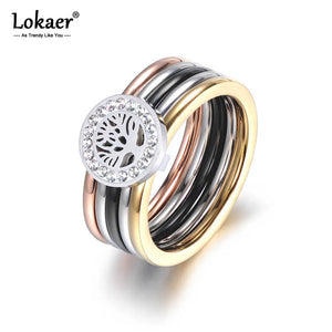 Colorful CZ Crystal Tree Rings Jewelry Titanium Steel Wedding Engagement Ring