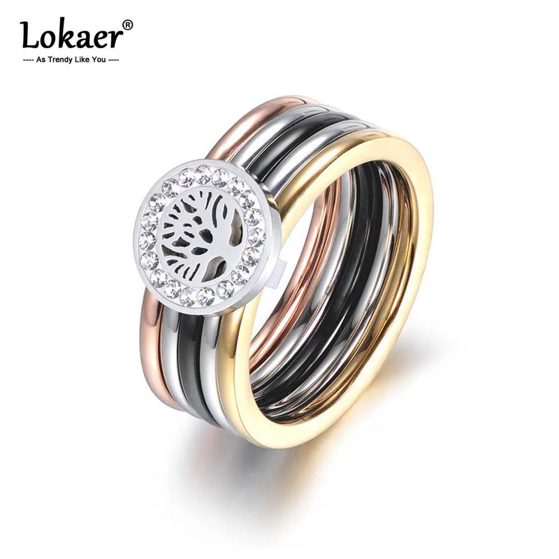 Colorful CZ Crystal Tree Rings Jewelry Titanium Steel Wedding Engagement Ring