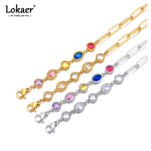 Colorful CZ Charm Bracelet for Women Stainless Steel Chain Jewelry