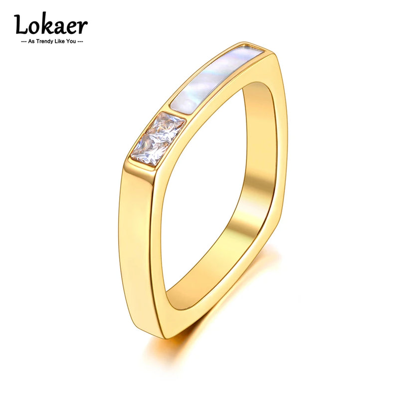 Geometric CZ Square Rings 18K Plated Boho Shell Ring R21028