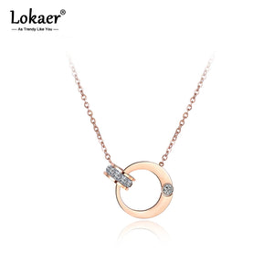 Double Circle CZ Chain & Link Necklace Titanium Steel Choker N18054