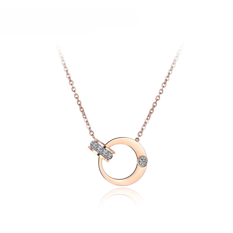 Double Circle CZ Chain & Link Necklace Titanium Steel Choker N18054