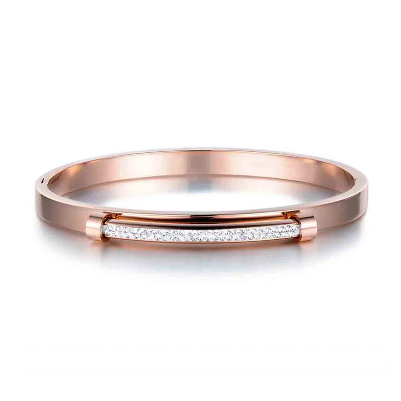 Rose Stainless Steel Rhinestone Cuff Bangle Bracelet