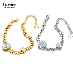 Rhinestone Round Wafer Charm Bracelet Stainless Steel Chain Jewelry