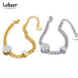 Rhinestone Round Wafer Charm Bracelet Stainless Steel Chain Jewelry