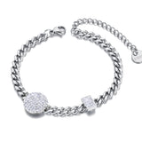 Rhinestone Round Wafer Charm Bracelet Stainless Steel Chain Jewelry