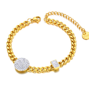 Rhinestone Round Wafer Charm Bracelet Stainless Steel Chain Jewelry