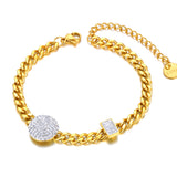 Rhinestone Round Wafer Charm Bracelet Stainless Steel Chain Jewelry