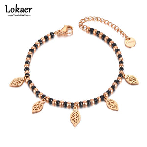 Bohemia Leaves Plant Charm Bracelet Stainless Steel Crystal Chain B21119
