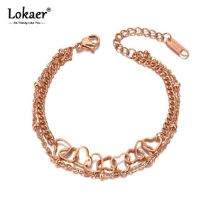 Titanium Steel Double Layer Chain Bracelet Heart Charm for Women