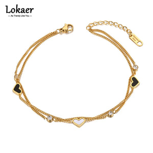 Goth Double Layer Heart Anklet Stainless Steel CZ Crystal A21019
