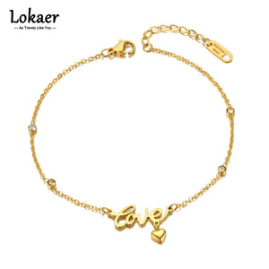 Goth Love Heart Charm Anklets 18K Plated Stainless Steel CZ Crystal Foot Jewelry