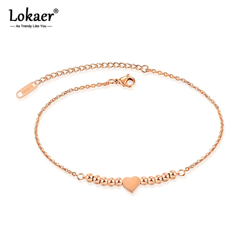 Lovely Beads Love Heart Women Anklet Titanium Steel Rose Chain Anklets