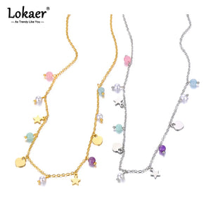 Stone Beads Chain Stainless Steel Bracelet Necklace Heart Star Charm Jewelry