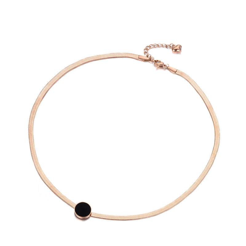 Stainless Steel Snake Chain Thin Necklace with Obsidian Disc