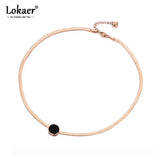 Stainless Steel Snake Chain Thin Necklace with Obsidian Disc