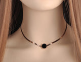 Stainless Steel Snake Chain Thin Necklace with Obsidian Disc