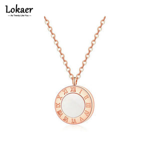 Roman Numeral Shell Pendant Necklace Stainless Steel Choker