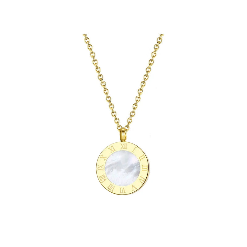 Roman Numeral Shell Pendant Necklace Stainless Steel Choker
