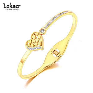 Heart Charm Cuff Bangle 18K Plated CZ Crystal Stainless Steel Wedding Bracelet