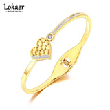 Heart Charm Cuff Bangle 18K Plated CZ Crystal Stainless Steel Wedding Bracelet
