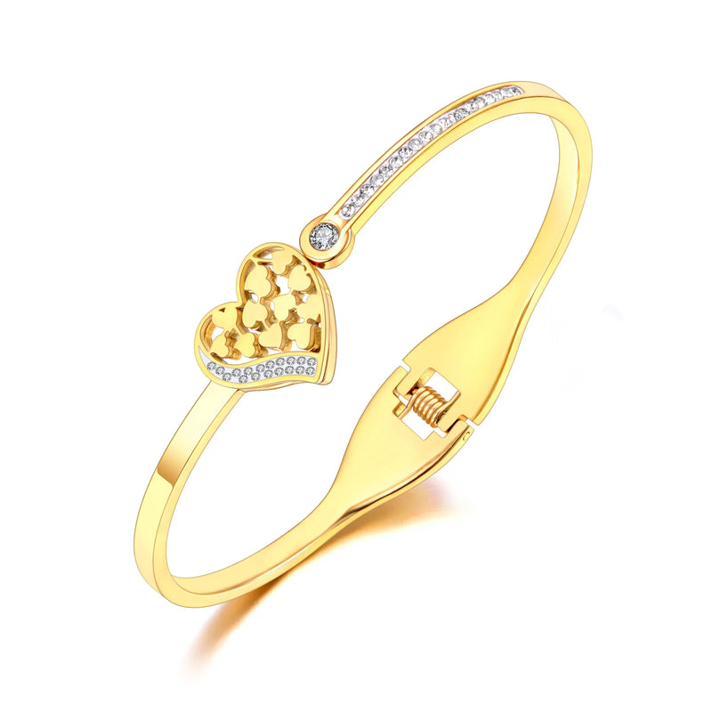 Heart Charm Cuff Bangle 18K Plated CZ Crystal Stainless Steel Wedding Bracelet