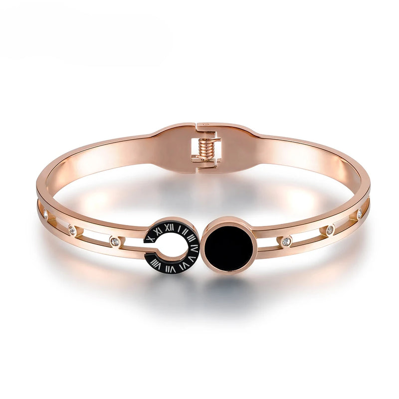 Rose Plated Roman Number Bangle for Women Stainless Steel Lover Charm Bracelet