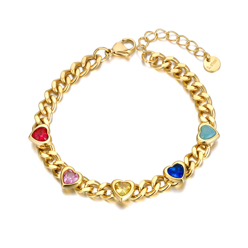 Colorful Zirconia Heart Charm Bracelet Stainless Steel B22106