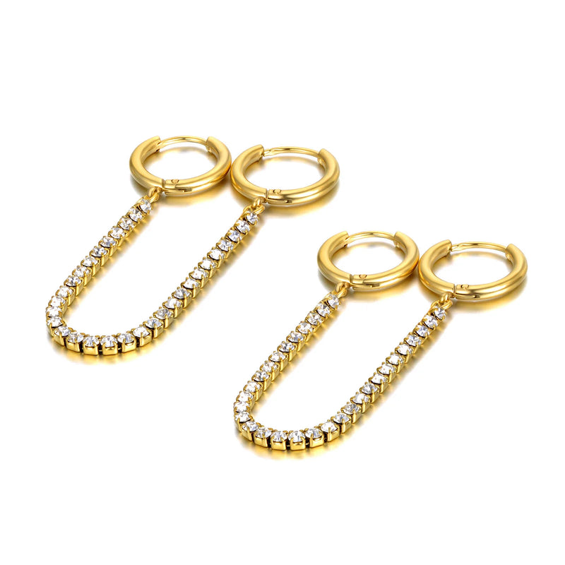 CZ Crystal Hoop Earrings Stainless Steel Tassel