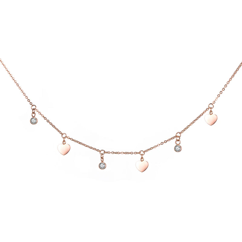 Stainless Steel Heart & Zircon Charms Rose Pendant Necklace
