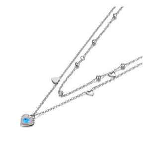 Titanium Stainless Steel Double Layer Choker Necklace Turkey Eyes Heart Pendant