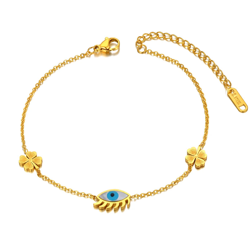 Titanium Stainless Steel Flower Chain Anklets Glaze Eye Charm Foot Anklet