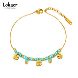 Titanium Stainless Steel Link Chain Anklets Glaze Flower Charm Foot Anklet