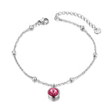 Stainless Steel Link Chain Anklet with Crystal Charm - Green/Fuchsia CZ