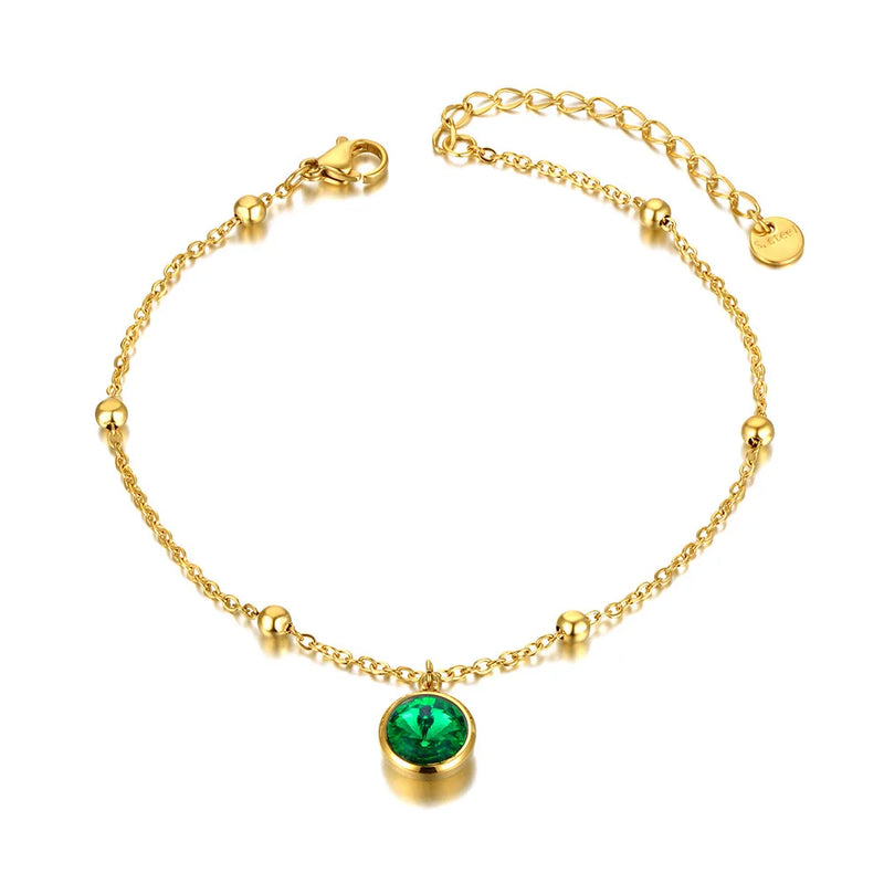 Stainless Steel Link Chain Anklet with Crystal Charm - Green/Fuchsia CZ