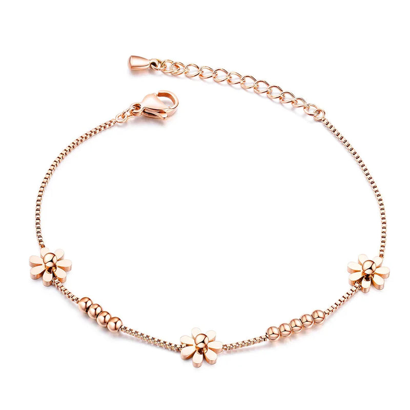Titanium Steel Rose Plated Daisy Charm Bracelet